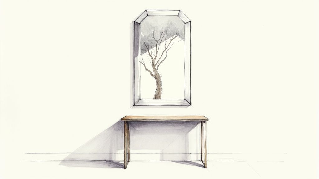 A large, elegantly framed bevelled glass mirror hangs above a stylish console table in a bright entryway.