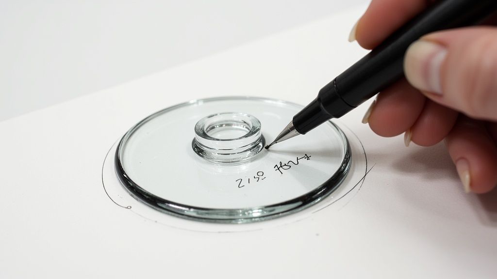 A hand holding a black pen is drawing a circle around a clear glass object on white paper.