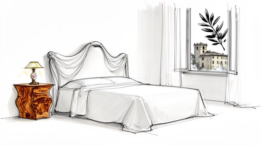 Hand-drawn sketch of an elegant bedroom with a draped bed, nightstand, lamp, and window view.