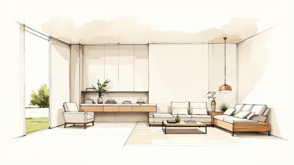 A minimalist, modern living room sketch with a light sofa, armchair, coffee table, and large window.