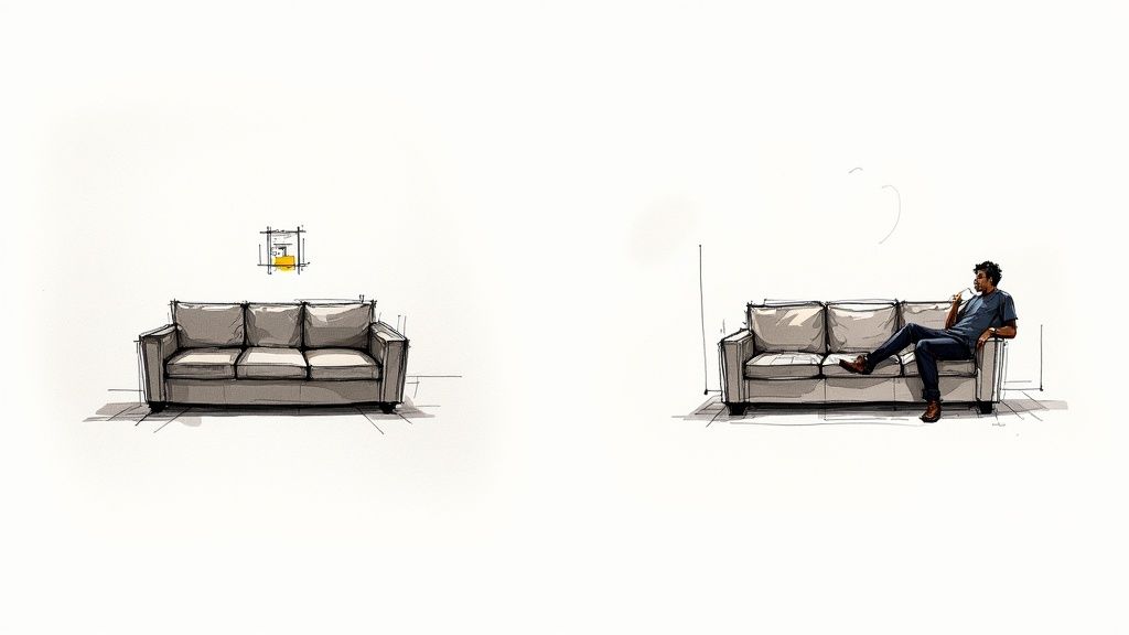 Sketched illustrations of a modern sofa: one empty with art, one with a man relaxing.