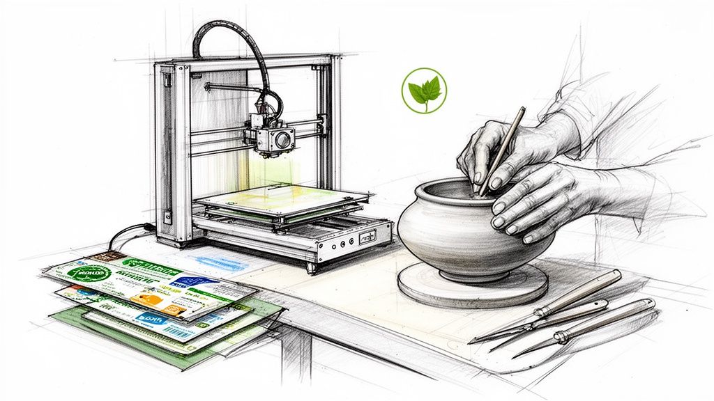 Illustration of a 3D printer creating with green material, alongside hands crafting a clay pot.