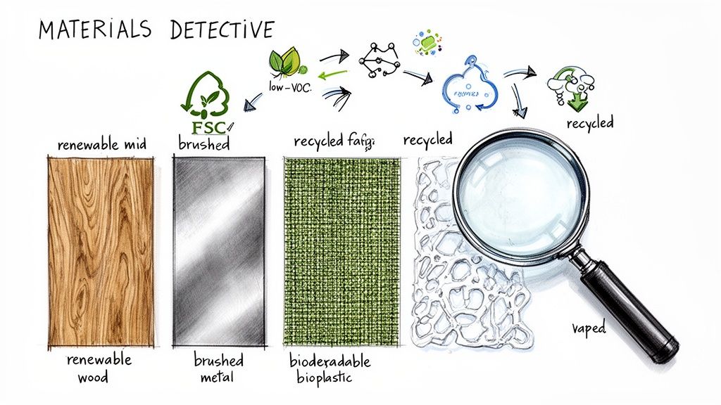 An illustration showcasing sustainable materials like renewable wood, brushed metal, bioplastic, and recycling processes with a magnifying glass.