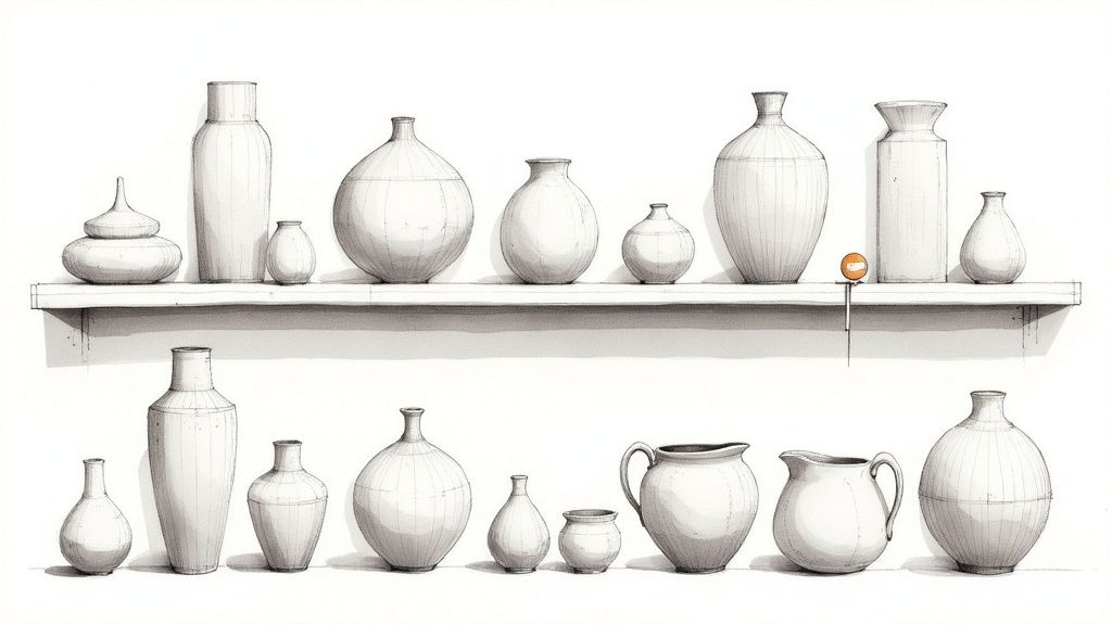 A close-up shot of several white textured vases in different shapes and sizes.