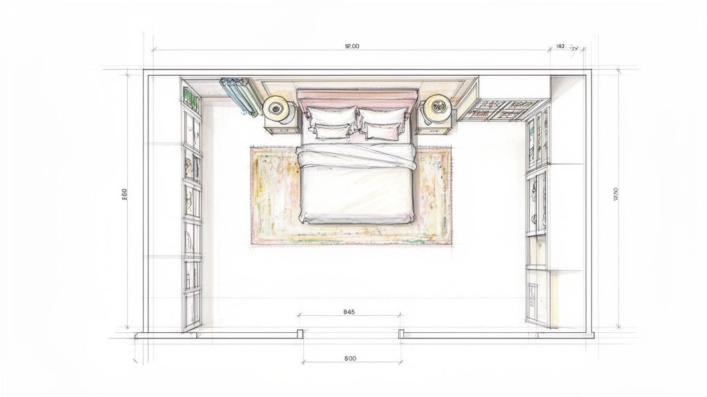 Overhead blueprint of a cozy bedroom featuring a bed, nightstands, rug, and built-in closets.