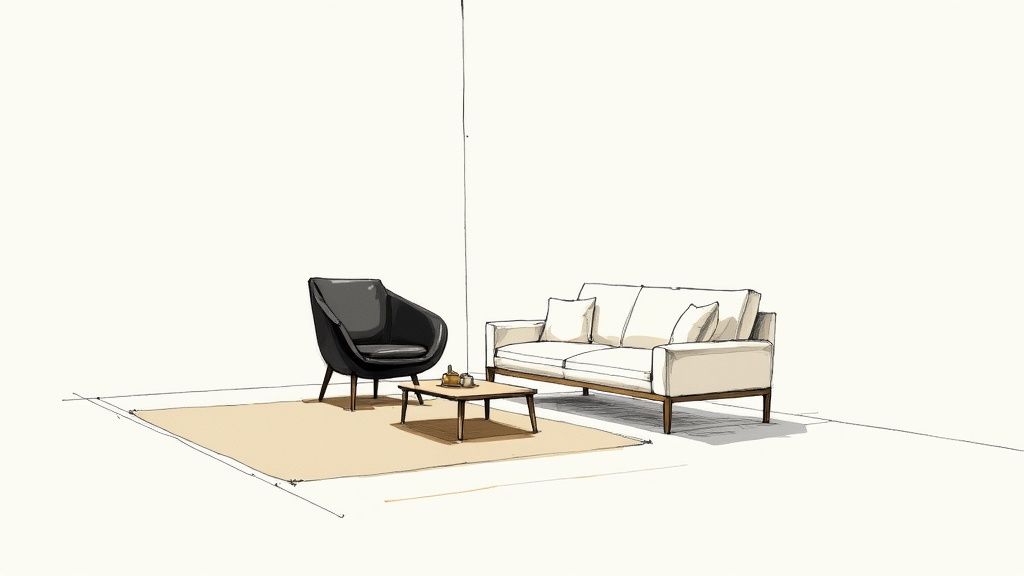 A modern living room featuring a sculptural vase on a coffee table as a statement piece.