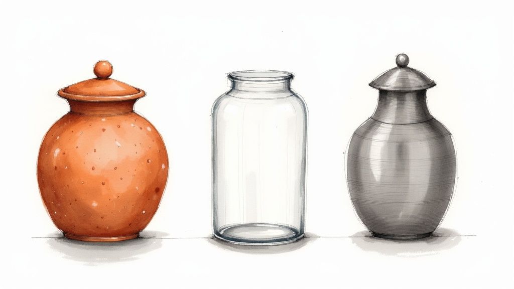 A drawing illustrates three decorative vessels: an orange terracotta pot, a clear glass jar, and a gray metal urn with lids.