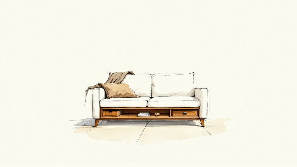 Watercolor illustration of a modern white two-seater sofa with a wooden base and storage.