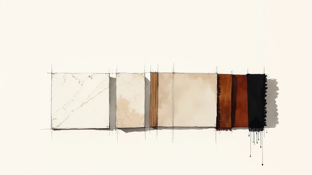 A close-up of a modern Italian interior showing a mix of textures including a marble tabletop, a wooden chair, and a soft linen curtain.