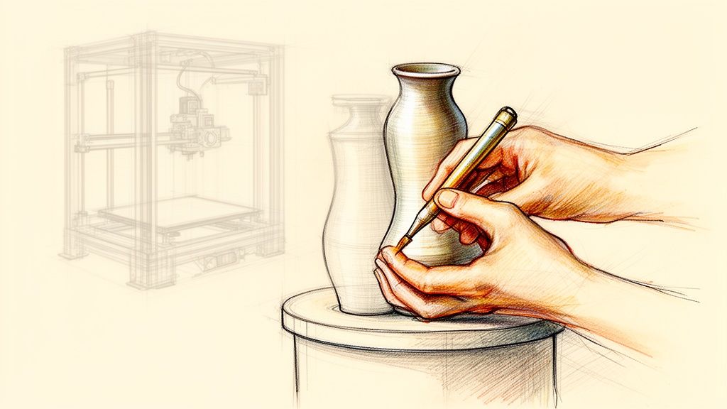 A drawing comparing traditional pottery creation with hands to a modern 3D printer.