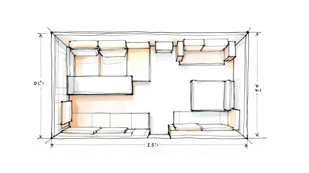 A top-down sketch of a living room floor plan, showing various furniture arrangements and dimensions.