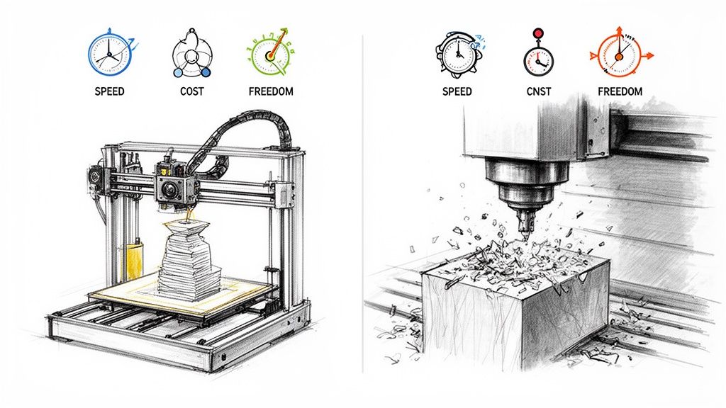 Comparison of 3D printing and traditional CNC milling, highlighting differences in speed, cost, and design freedom.