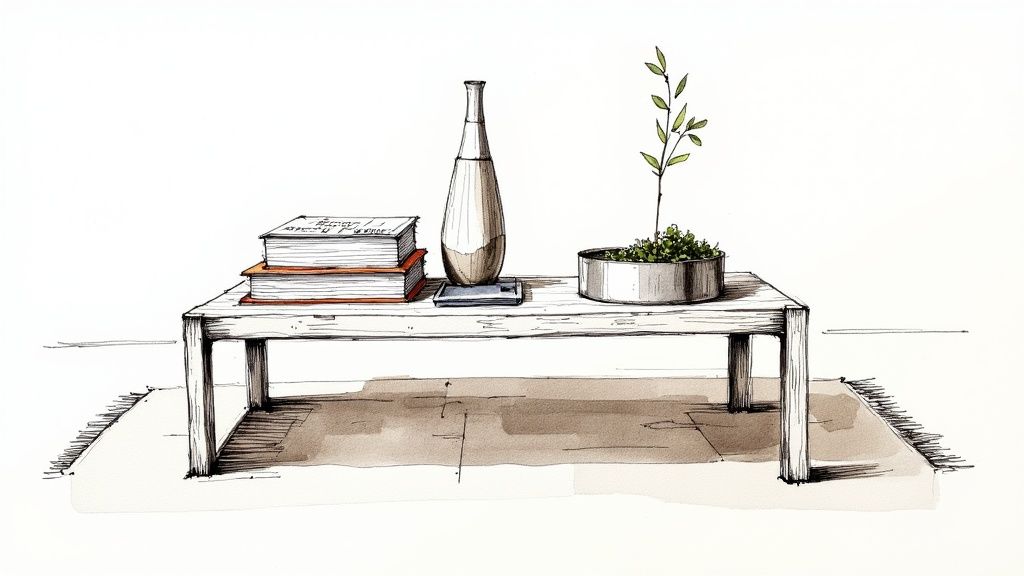 A minimalist watercolor and ink drawing of a contemporary coffee table with books, a vase, and a plant.