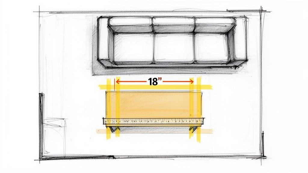 Top-down sketch showing a living room layout with a sofa, coffee table, and shelf, indicating an 18-inch gap.