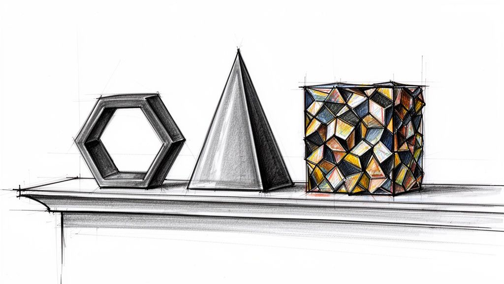 A detailed sketch of three geometric objects: a hexagon, a cone, and a colorful patterned cylinder.