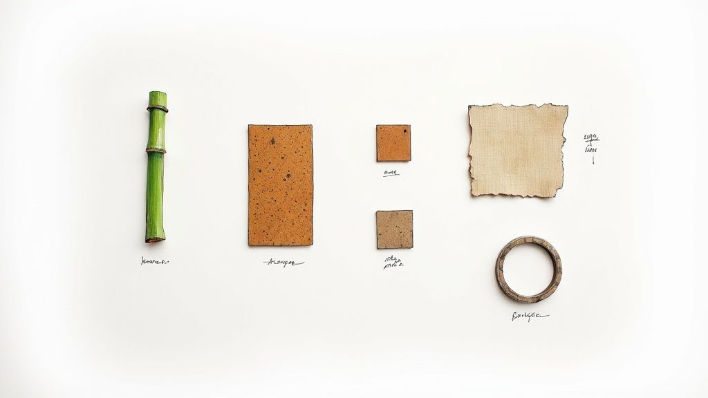 A close-up of different sustainable materials like bamboo, reclaimed wood, and cork, arranged beautifully.