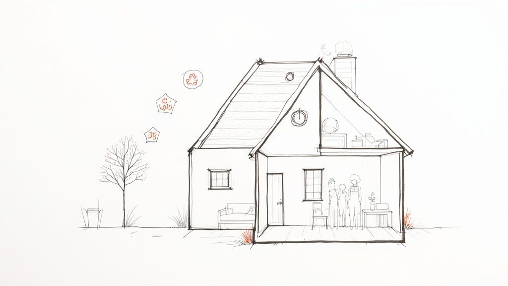 Line drawing of a house cross-section showing a family inside and abstract environmental symbols outside.
