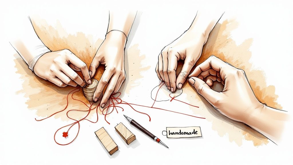 Multiple hands engaged in a crafting project with red string, wooden pieces, and a 'handmade' tag.