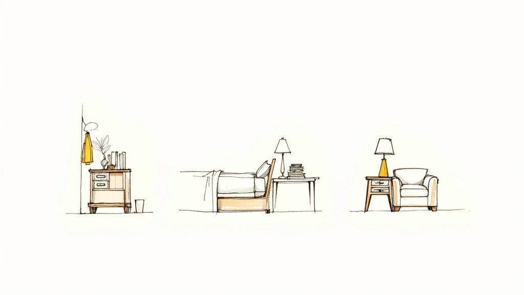 Three separate line art sketches showing home furniture arrangements with lamps, books, and a plant.