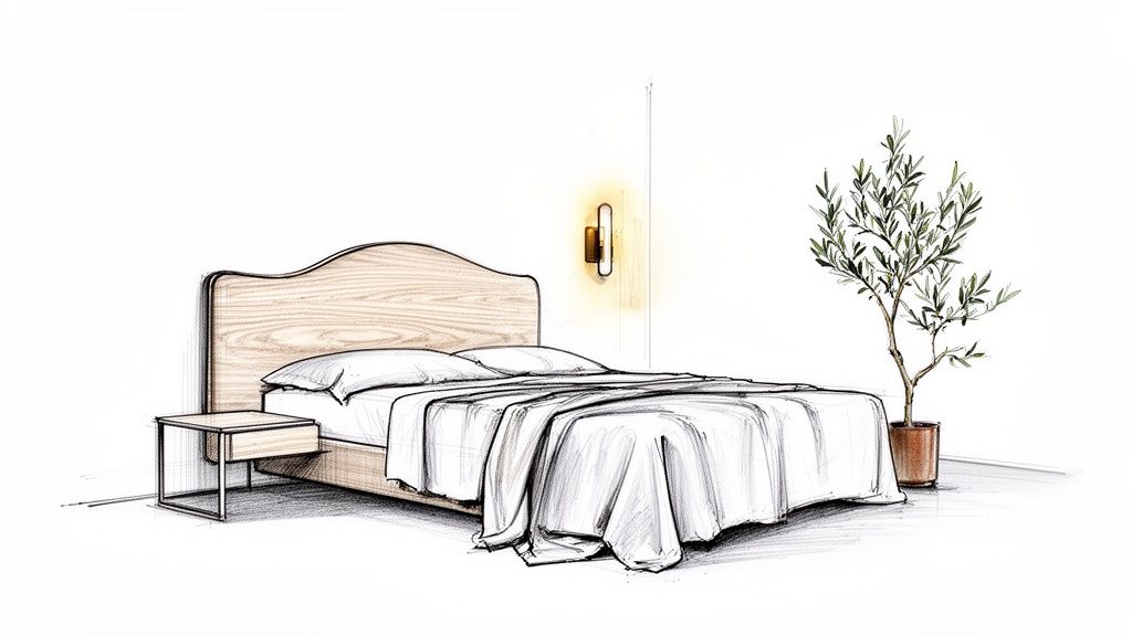 A detailed sketch of a minimalist bedroom featuring a wooden bed, nightstand, and potted plant.