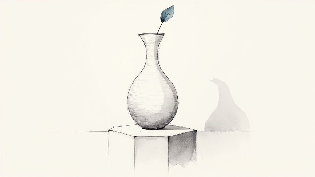 A collection of white textured vases with pampas grass sitting on a wooden surface.