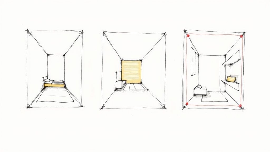 A cozy bedroom in an attic with a bed tucked neatly under the slanted ceiling.