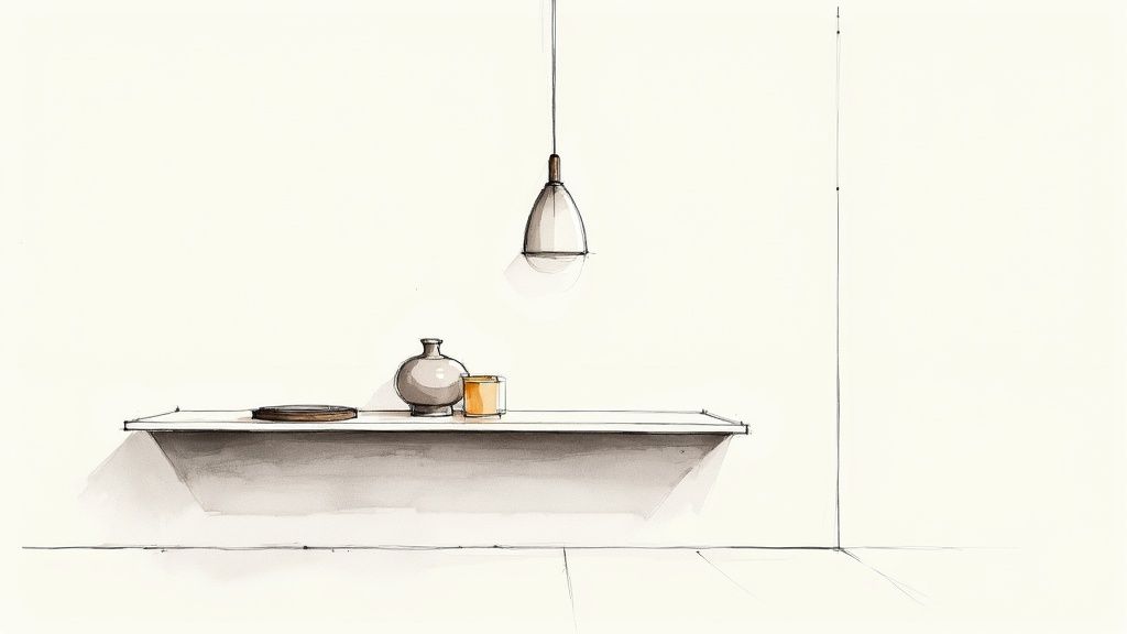 A minimalist watercolor sketch depicting a modern entryway with a floating shelf, vase, candle, and pendant light.