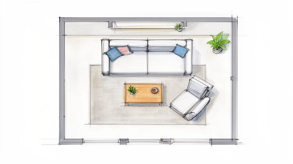 Top-down hand-drawn sketch of a living room layout with a couch, coffee table, and armchair on a rug.