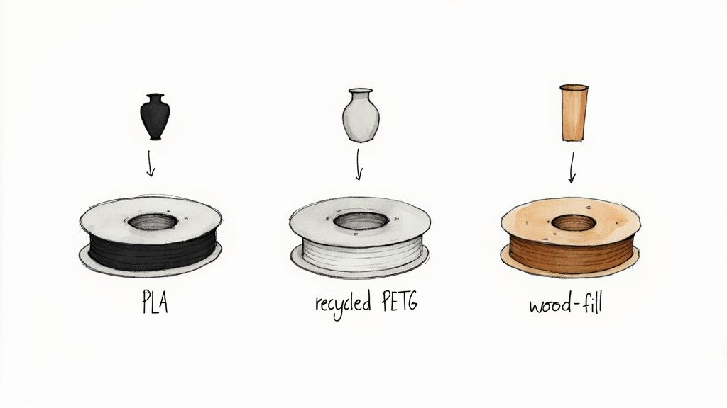 Un vaso stampato in 3D, minimalista e testurizzato, con un collo stretto, appoggiato accanto a una ciotola decorativa coordinata su un tavolo di legno.