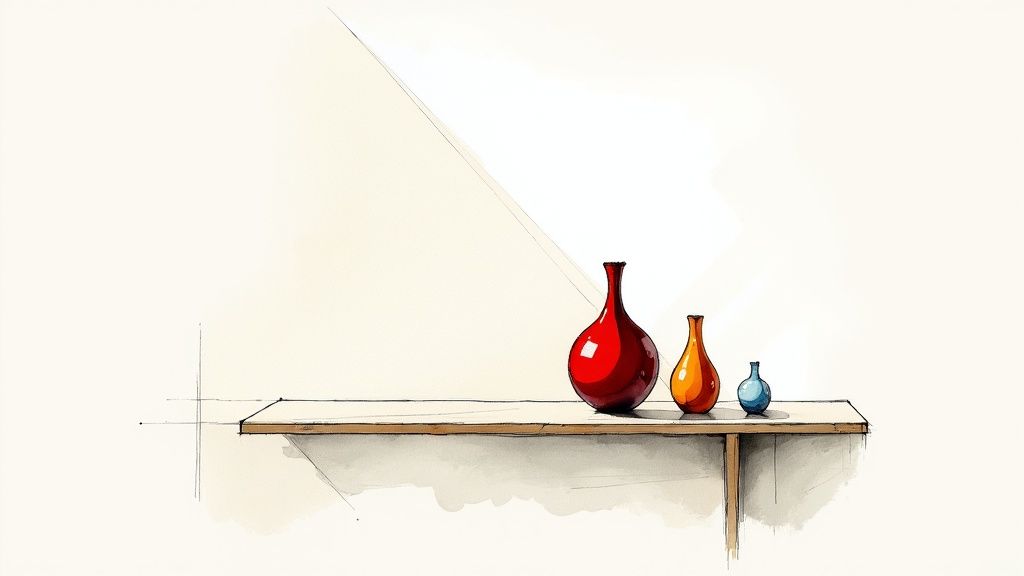 Three colorful vases (red, orange, blue) in a watercolor sketch style on a wooden shelf.