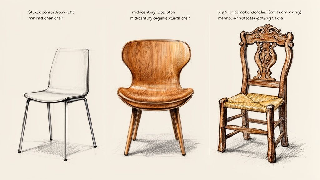 Three distinct chair designs: a modern minimal, a mid-century organic, and a traditional carved wooden chair.