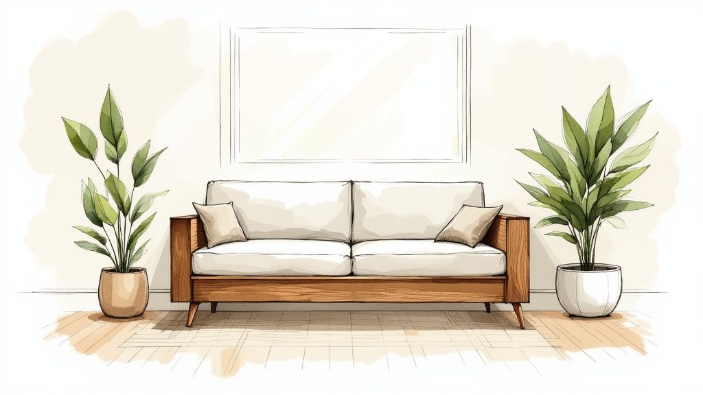 A bright, airy living room with a comfortable sofa, natural wood coffee table, and large windows.