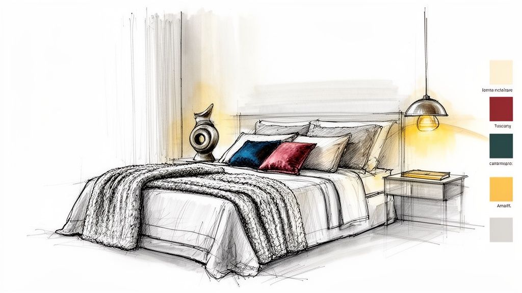 Detailed sketch of an elegant bedroom featuring a bed with patterned throw, colorful pillows, and ambient lighting.