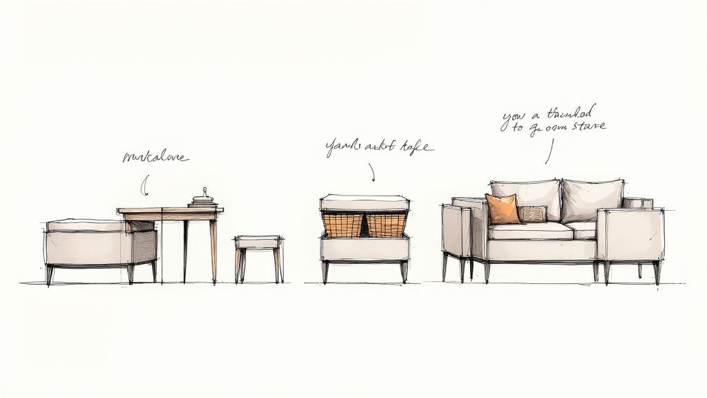 A stylish living room featuring furniture with slender legs and an ottoman, demonstrating the concept of visual weight.