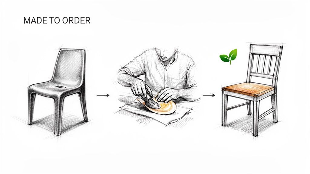 A visual guide showing a generic chair transforming into a handcrafted wooden dining chair.