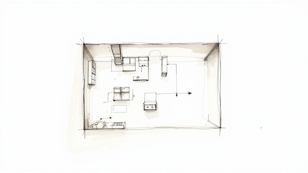 A well-organized small living room with a bookcase creating a distinct zone, showcasing smart layout strategies.