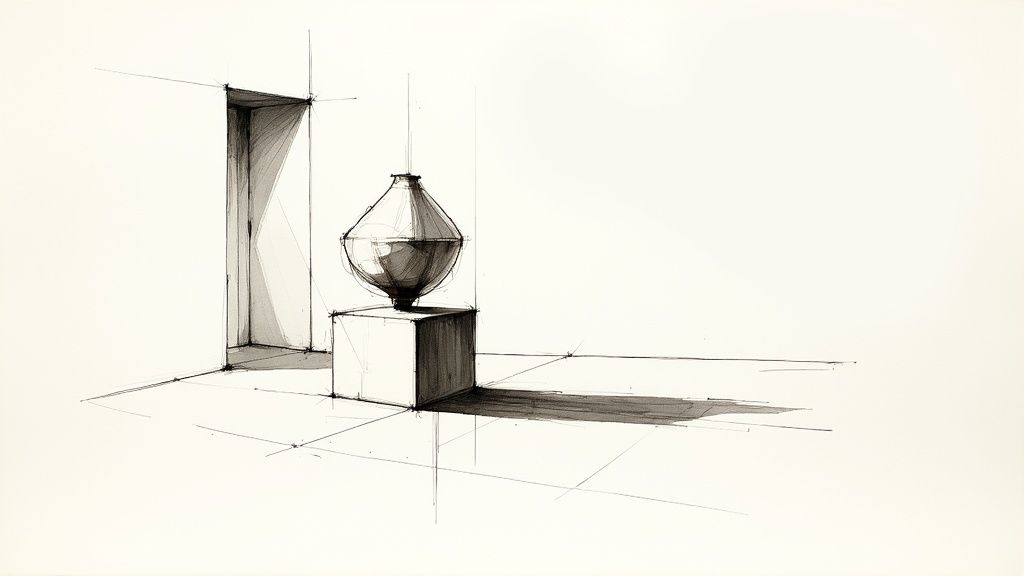 A white ceramic abstract sculpture is displayed on a wooden surface, with soft light casting elegant shadows.