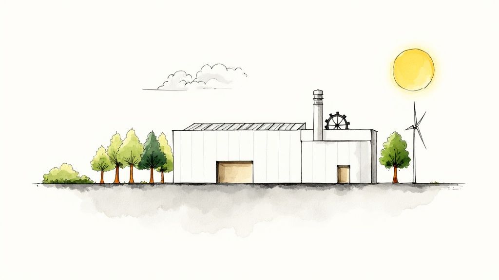 A modern, clean factory with green plants, symbolizing sustainable manufacturing practices