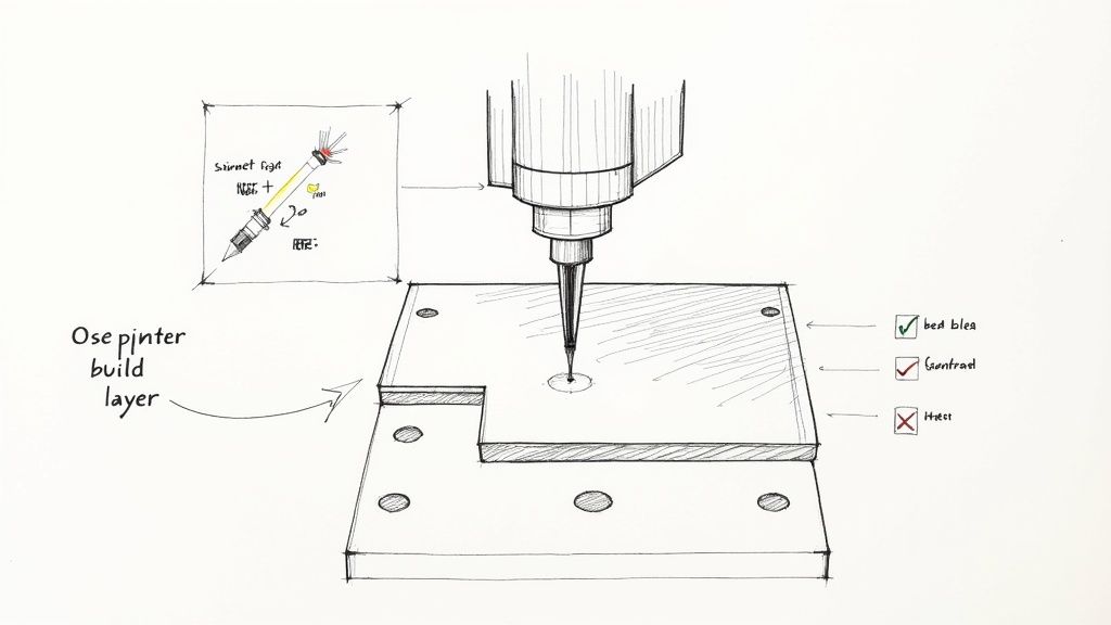 Primo piano dell'ugello di una stampante 3D che crea un vaso bianco testurizzato, mostrando il processo strato per strato sulla piastra di costruzione.