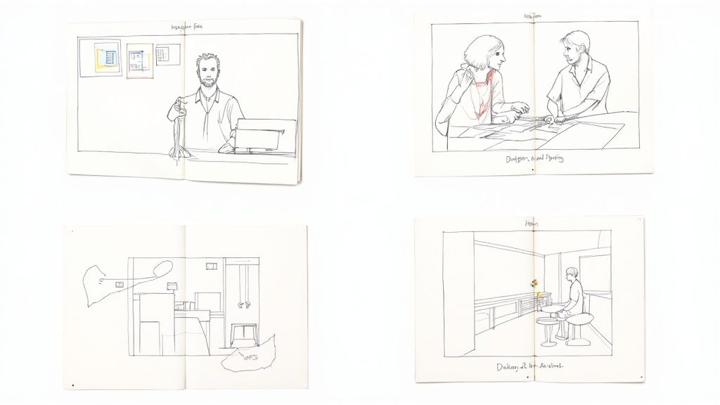 Four detailed hand-drawn sketches on paper showing design concepts for different scenarios and people.