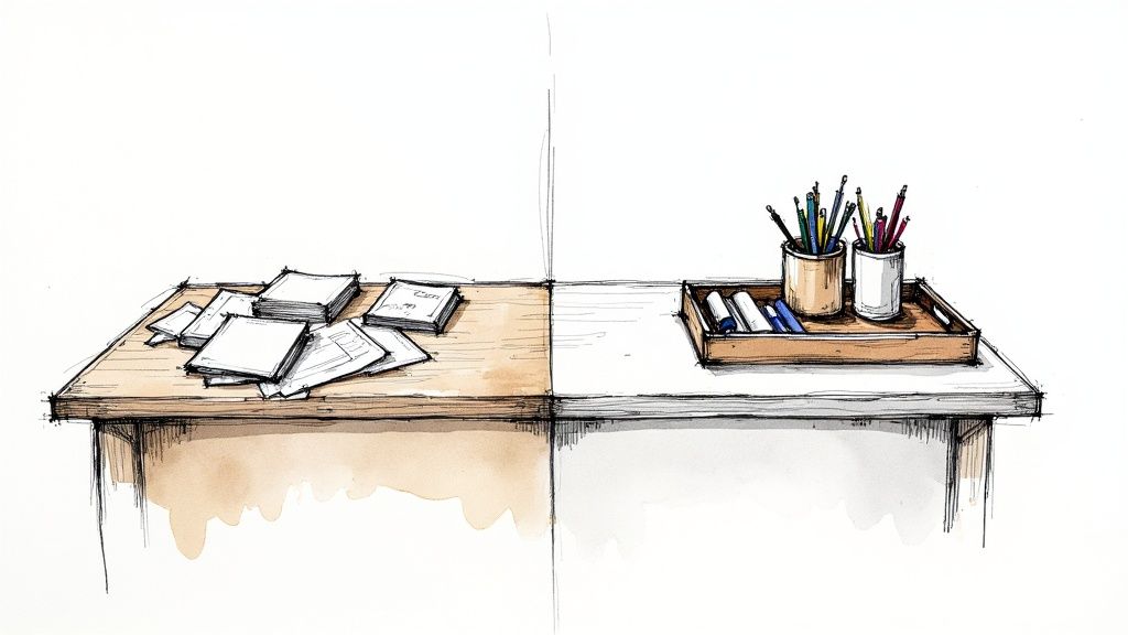 A well-organized contemporary desk with accessories neatly arranged to create a sense of calm.