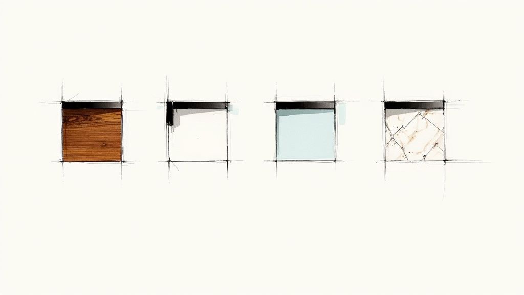 Four architectural sketches displaying various material samples: wood, plain white, light blue, and marble.