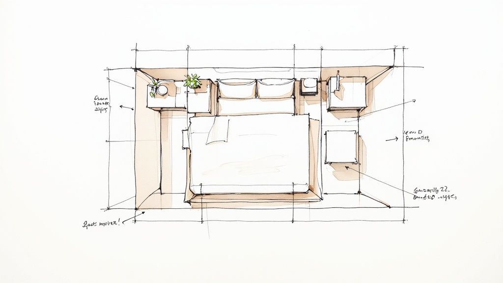 Hand-drawn architectural sketch of modern bedroom layout featuring symmetrical nightstands and built-in headboard