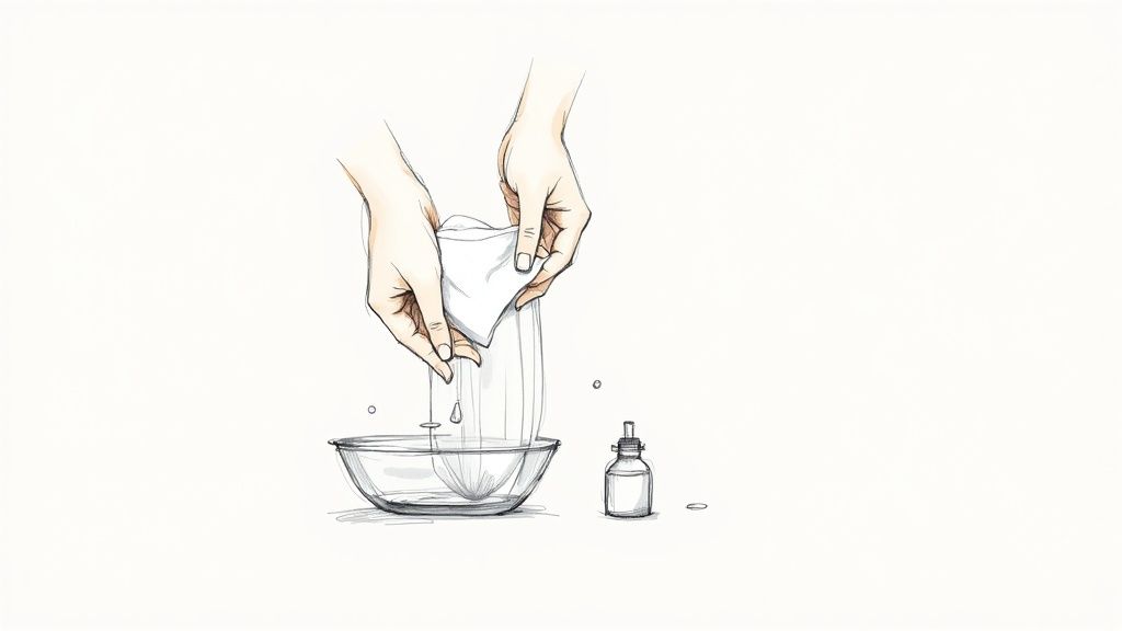 Hands squeezing a white cloth, dripping liquid into a glass bowl next to a dropper bottle.