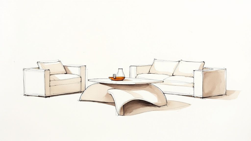 A hand-drawn sketch of modern living room furniture, including a sofa, armchair, and unique coffee table.