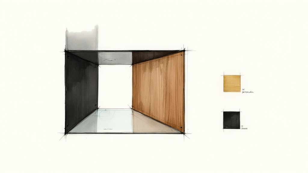 A contemporary shelf unit made from rich walnut wood and matte black metal, styled with books and minimalist decor.