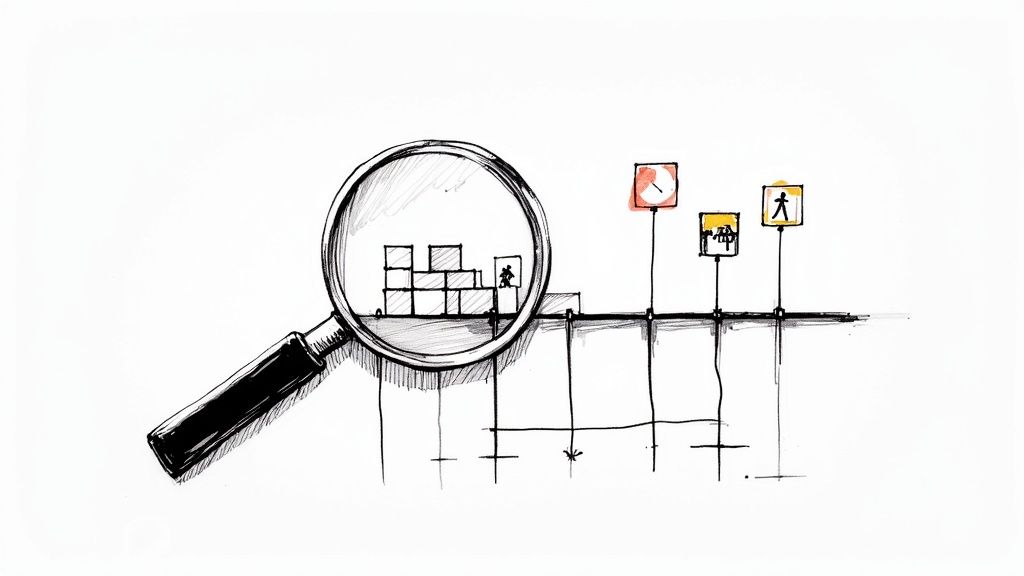 An illustrative sketch depicting a magnifying glass inspecting data, a timeline, and process milestones.