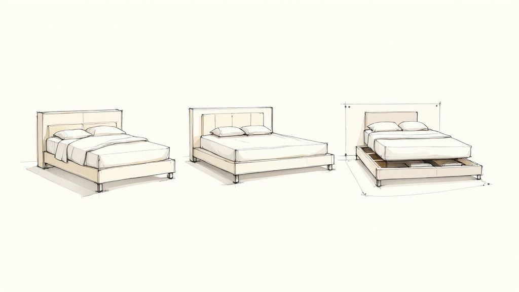 Three contemporary Italian platform bed designs with upholstered headboards and modern clean lines