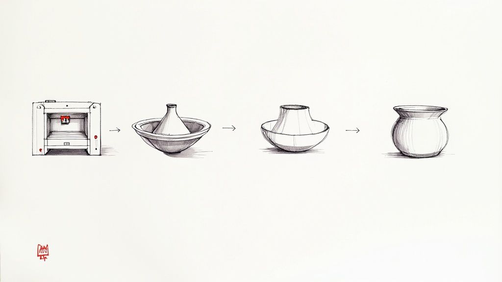 A collection of minimalist, uniquely shaped 3D-printed vases in various colors.