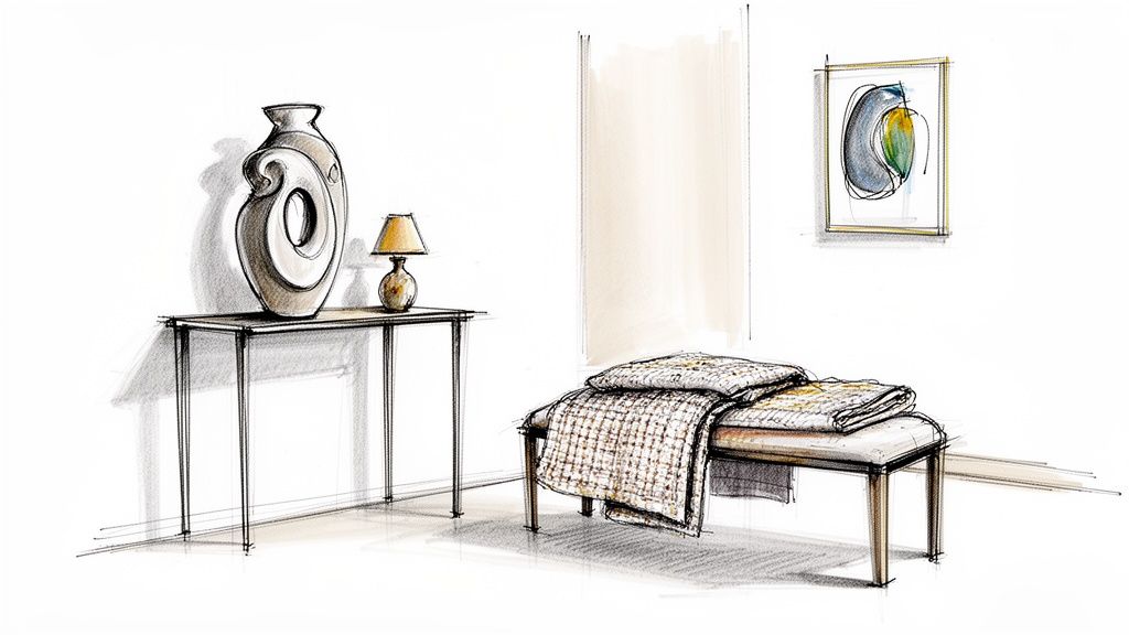 An artistic sketch showcasing a modern interior with a console table, bench, and abstract art.